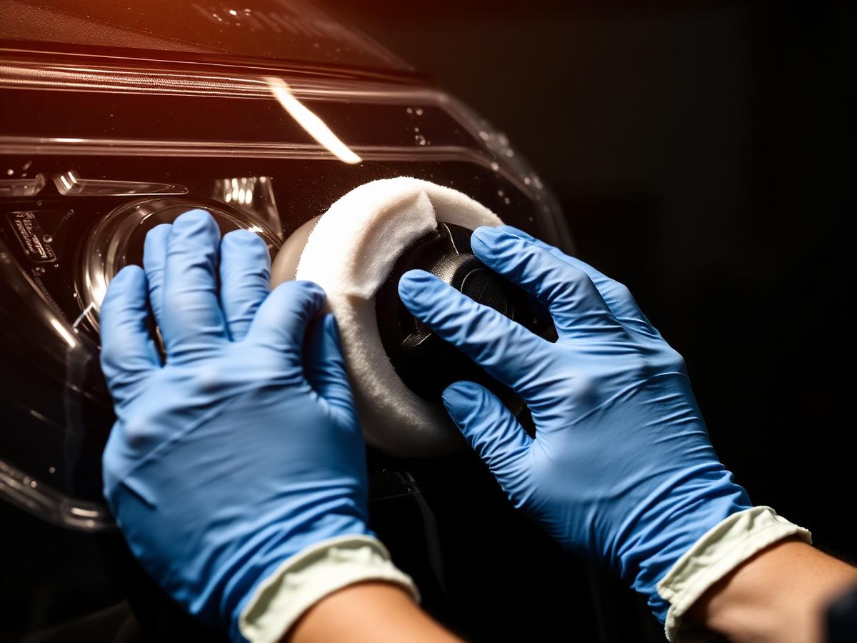 Technician polishing a headlight with an orbital buffer